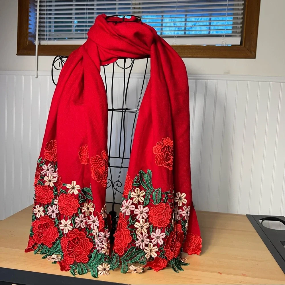 Vibrant Red Scarf Wrap 100-%‎ wool It has small holes,but they are very small.